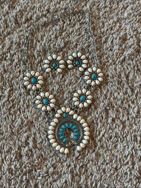 Western Turquoise and White Floral Squash Blossom Necklace & Earring Set